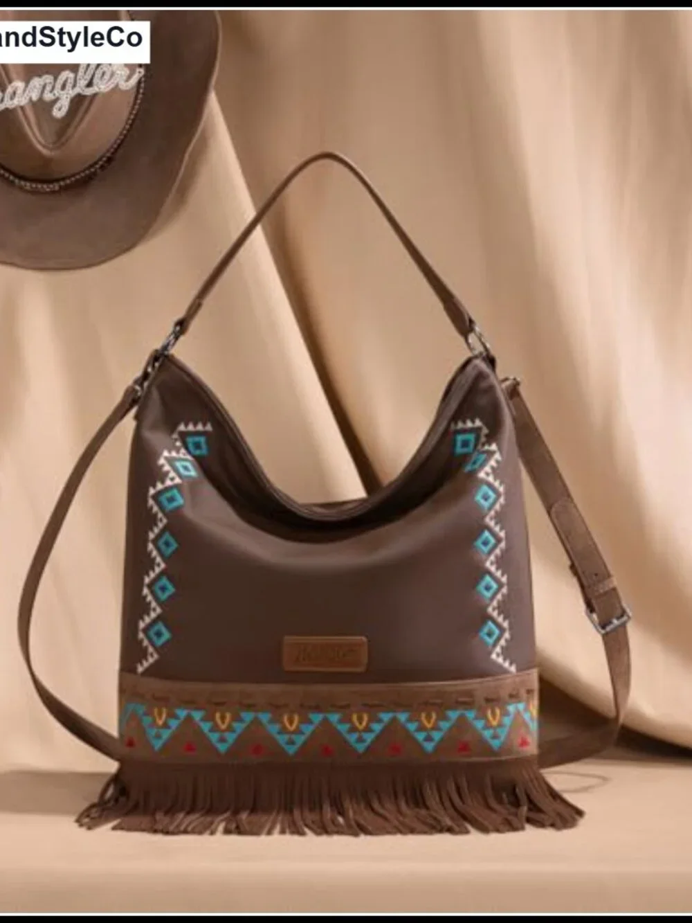 Wrangler Aztec Shoulder Bag Faux Leather Embroidered Fringe Hobo